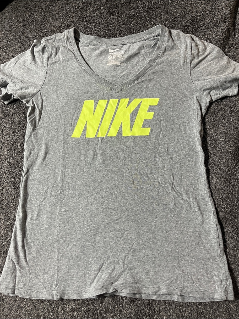 Nike Women's Gray V-Neck Tee with Neon Yellow Logo